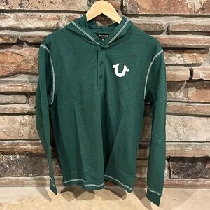 True Religion Hooded Flat Lock Slub Henley in Dark Green Cotton